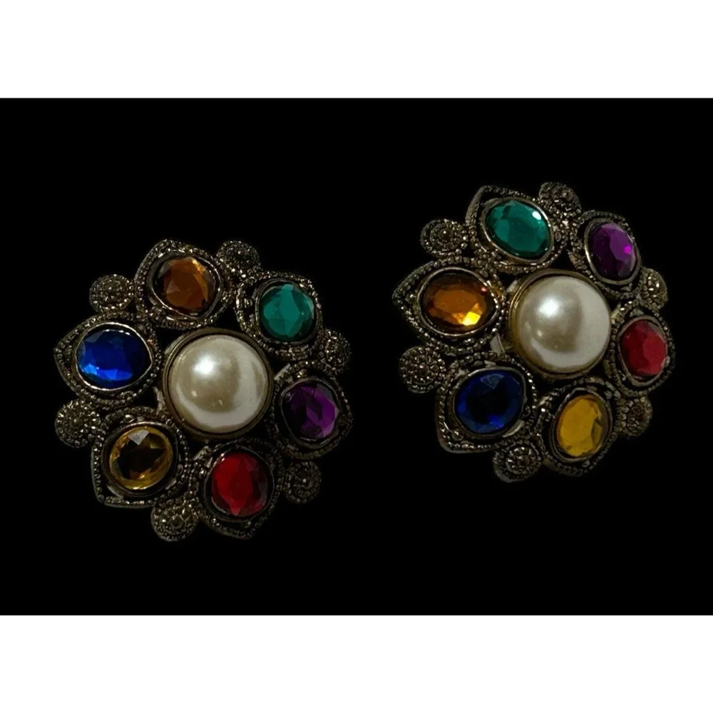ANTIQUE ROUND MULTI COLOR STONES PIERCED EARRINGS Colorful Multicolor Stones
